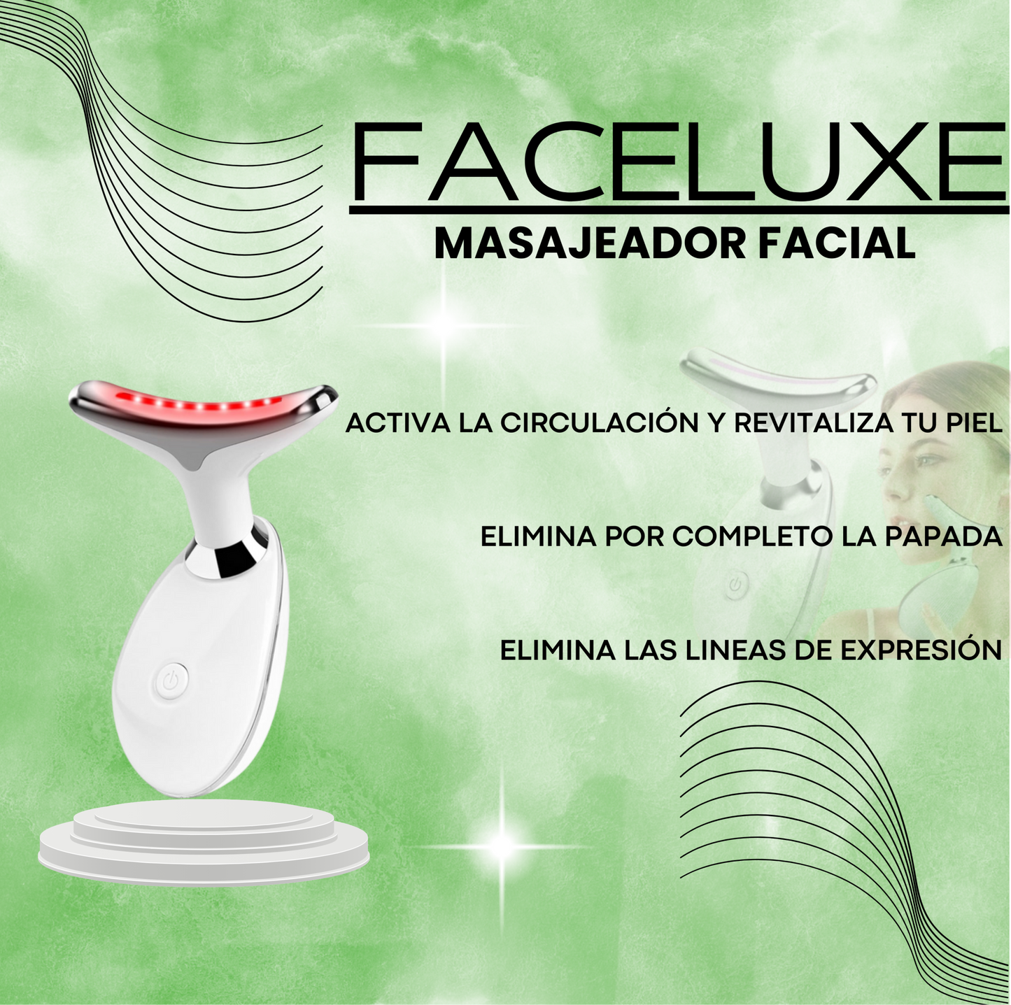MASAJEADOR FACIAL FACELUXE® CON VIBRACIÓN Y LUZ LED + REGALO DE EBOOK DE MASCARILLAS CASERAS 🎁
